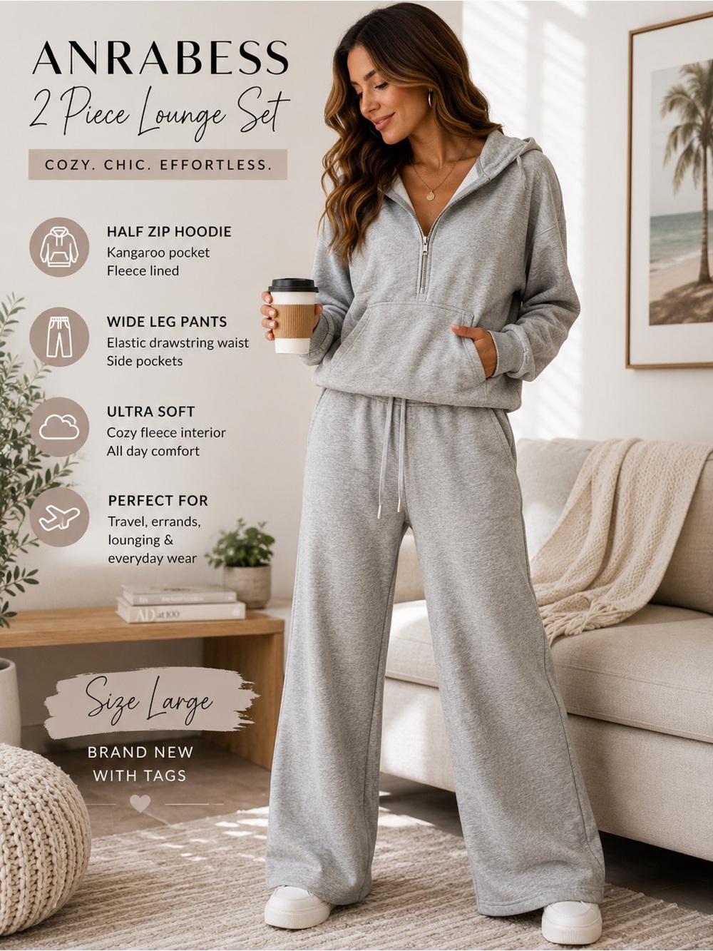 ANRABESS Women’s Gray Fleece Half-Zip Hoodie & Wide Leg Pants Lounge Set